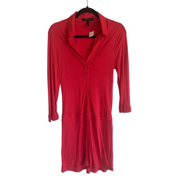 BCBG Max Azria Women's Red Collared Wrap Dress 3/4 Sleeve Stretchy Midi Size 12 - Picture 1 of 11
